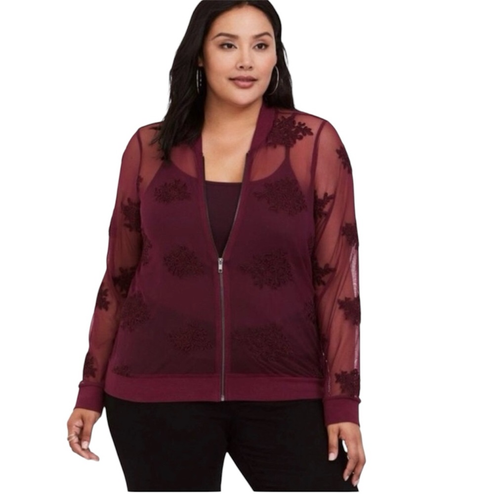 Torrid Burgundy Floral Embroidered Mesh Bomber Jacket